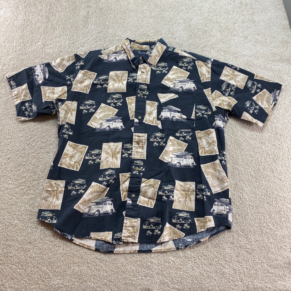 Puritan‎ Button Up Shirt Mens Large Black Tropical Surf Woodie Wagon Cotton